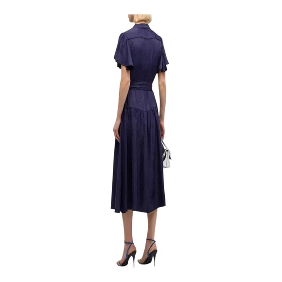 Women's Shoshanna Navy Jacquard Ruffle Sleeve Belted Midi Dress Size 6 - Picture 4 of 12
